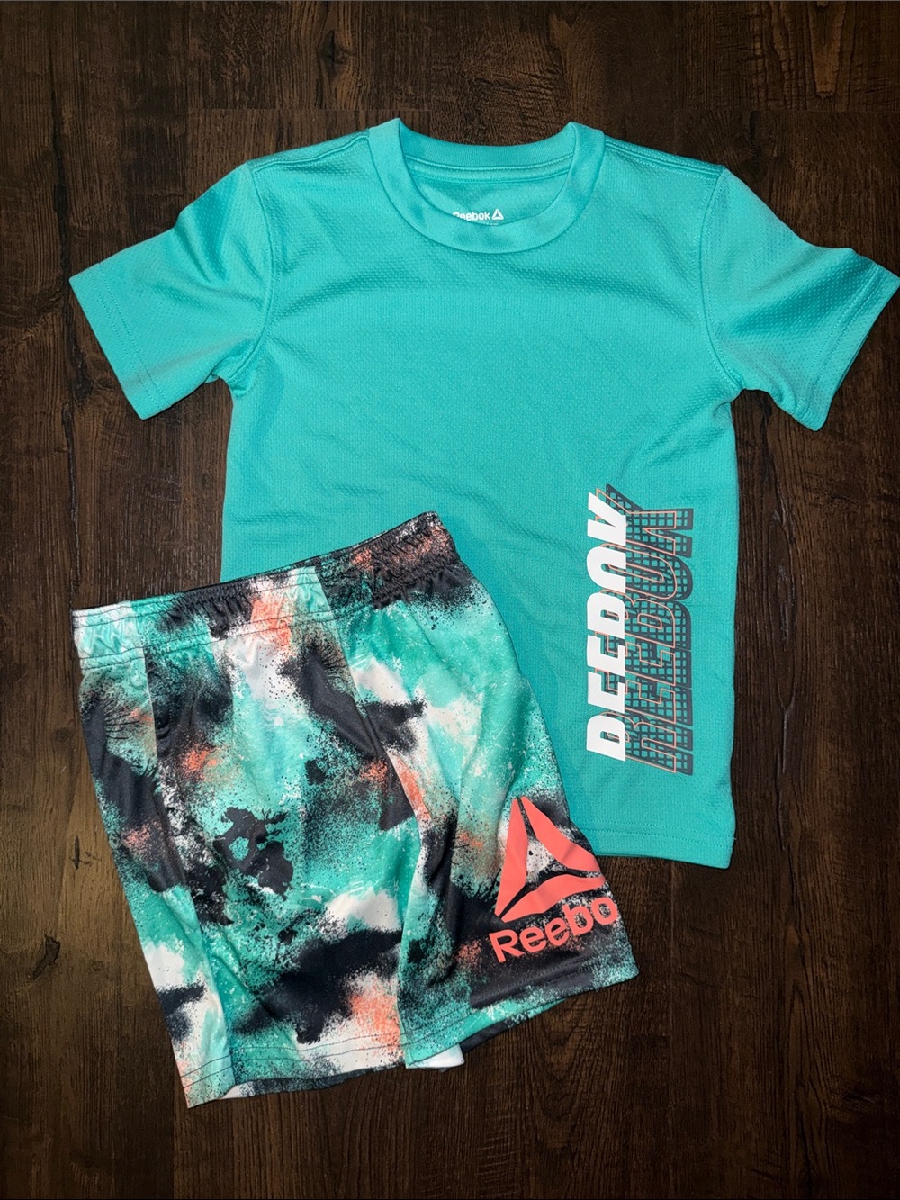 Reebok Teal Tee with Multicolor Splash Shorts Set